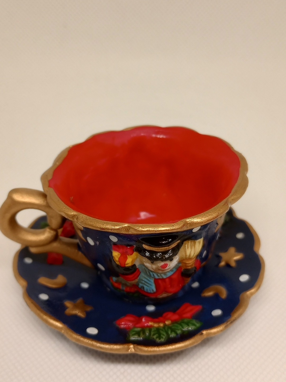 Hand-Painted Mini Festive Teacup and Saucer - Red Interior, Navy Exterior